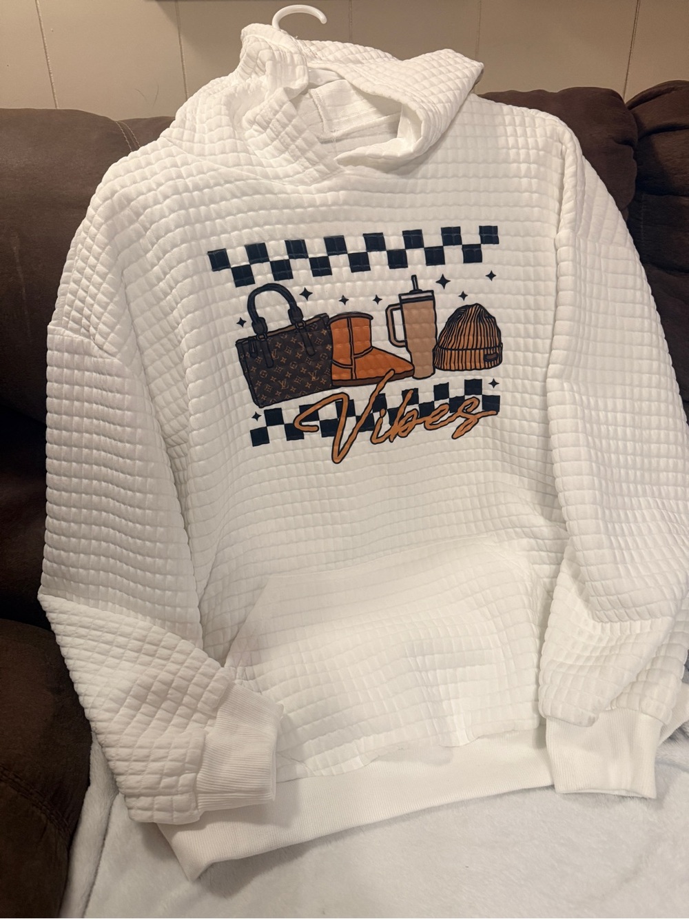 White Quilted Hoodie with Vibes Graphic